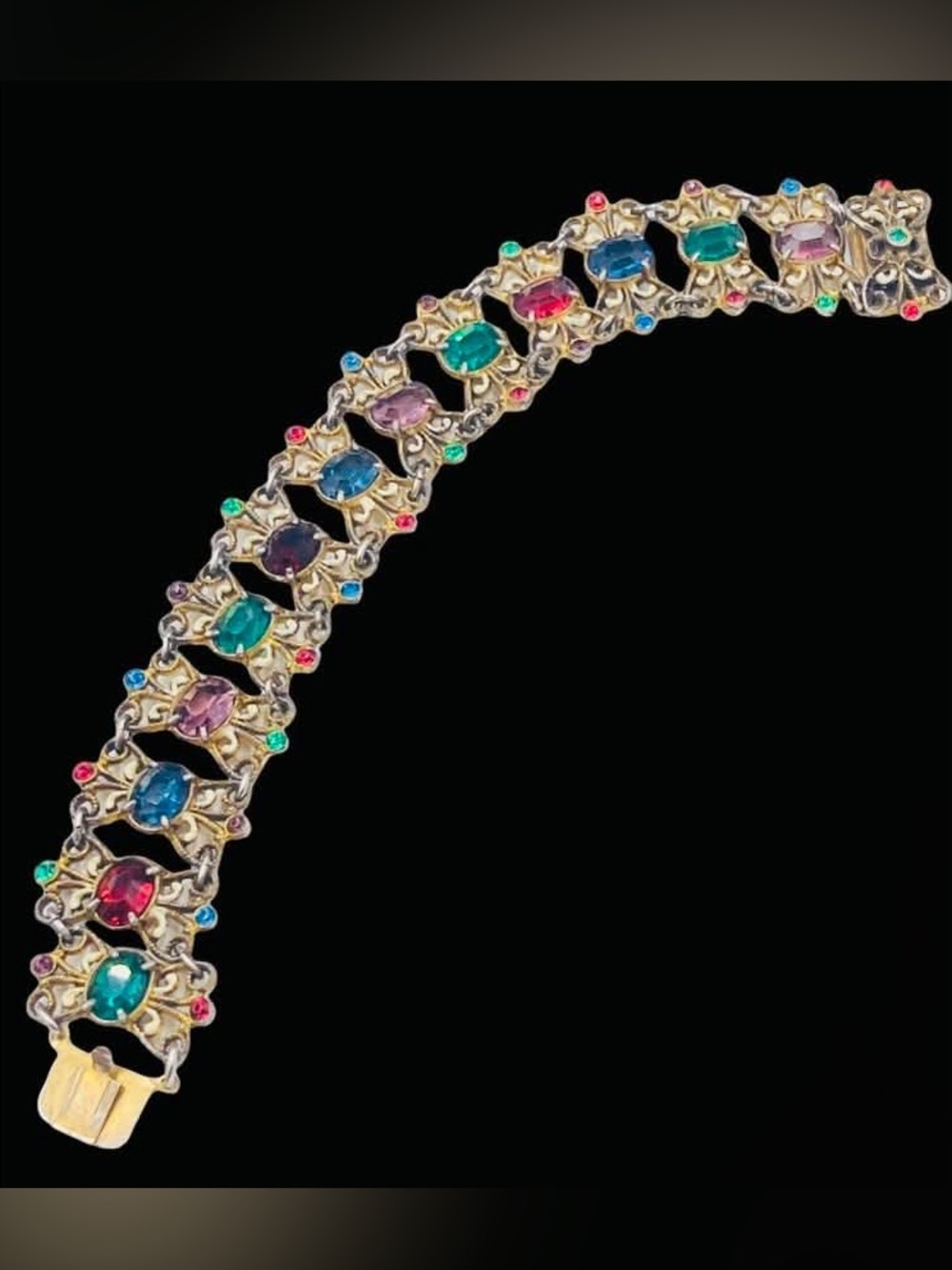 Antique 1930’s Czech Multi Color Oval Rhinestone Enamel Bracelet